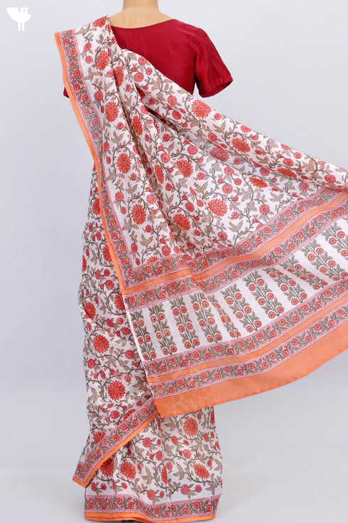 Kota Doria Saree In Floral Block Print